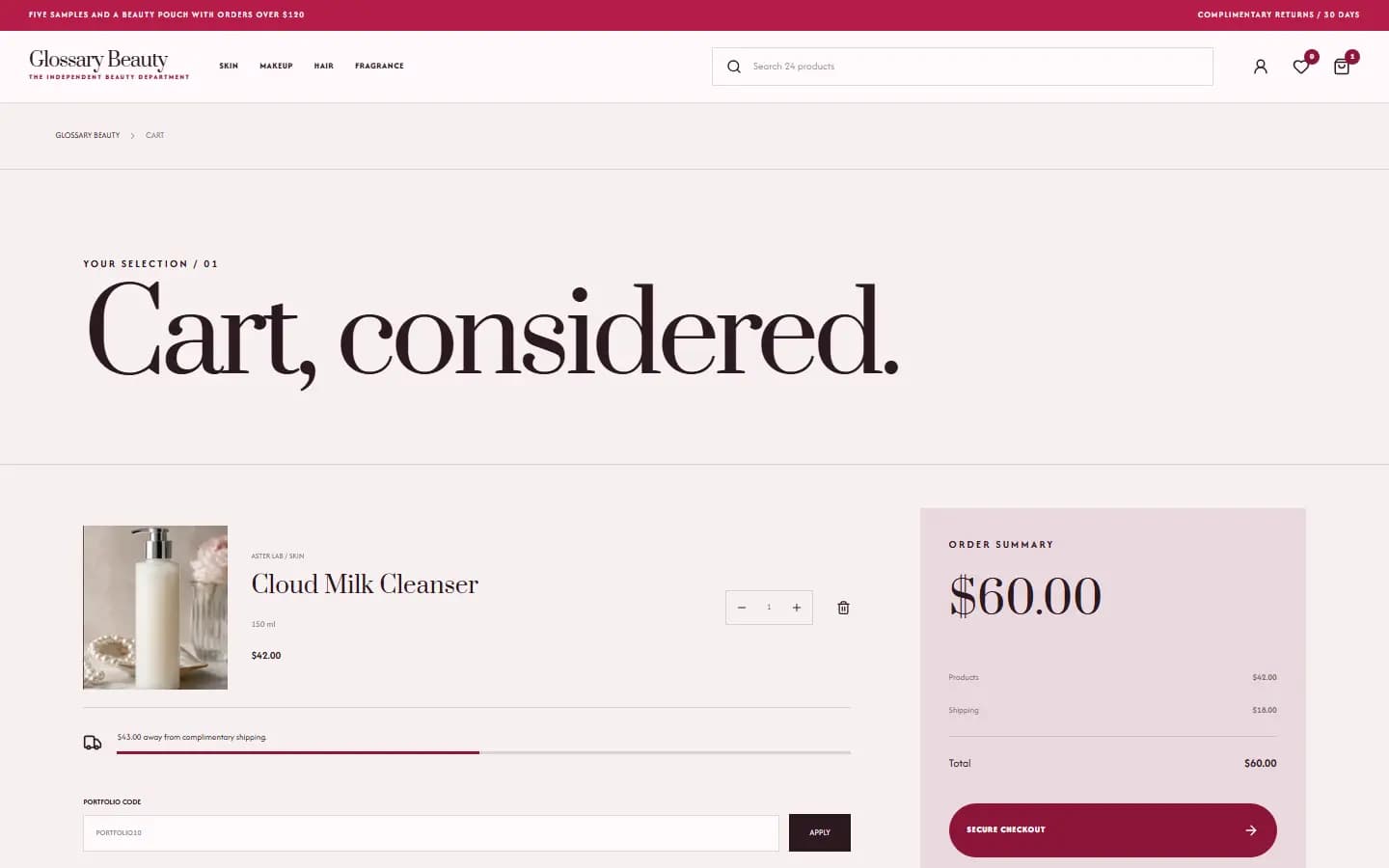GLOSSARY BEAUTY — Cart website screenshot